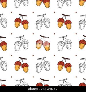 Color and black and white icons of acorns hand drawn. Minimalistic endless pattern on a white background. Autumn seamless texture Stock Vector