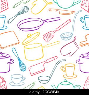 Seamless background with kitchen utensils. pans, knives, ladle. hand-drawn illustration - 2 Stock Vector