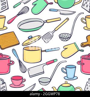Seamless background with kitchen utensils. pans, knives, ladle. hand-drawn illustration Stock Vector