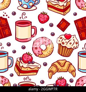 seamless background of coffee and desserts icons. hand-drawn illustration Stock Vector