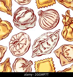 appetizing seamless with a variety of dumplings. hand-drawn illustration Stock Vector