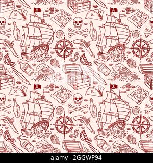 cute seamless pattern of a pirate ship and attributes. hand-drawn illustration Stock Vector