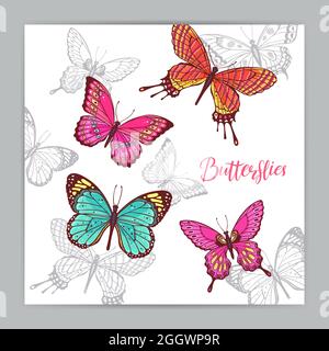 beautiful background of colorful butterflies and roses. hand-drawn illustration Stock Vector