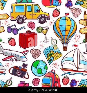 seamless background of colorful travel icons. airplane, car, ship. hand-drawn illustration Stock Vector