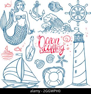 beautiful set on the marine theme. Mermaid and the lighthouse. hand-drawn illustration Stock Vector