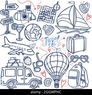 travel icon set. airplane, car, ship. hand-drawn illustration Stock Vector