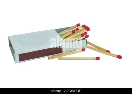 Red matchbox and matches isolated on white background. Side view and Blank space Stock Photo