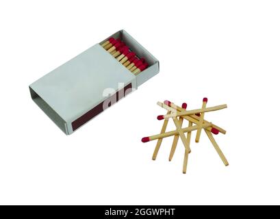 Red matchbox and matches isolated on white background. Side view and Blank space Stock Photo