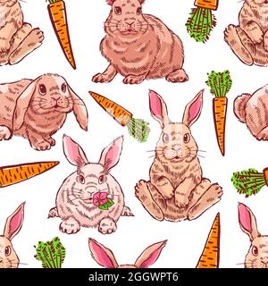 Cute seamless background of rabbits and carrots. Hand-drawn illustration Stock Vector