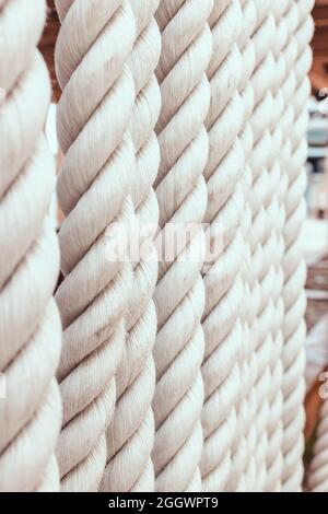 Strong white ropes weigh upright on white background Stock Photo