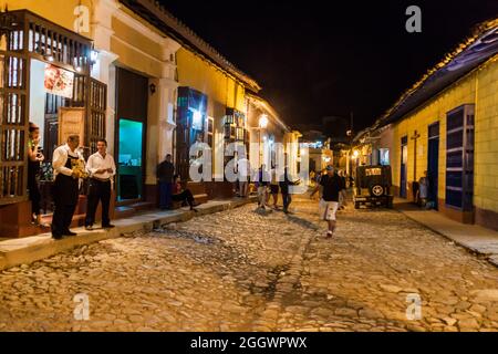 TRINIDAD, CUBA - FEB 9, 2016: Night view of a cobbled street in the center of Trinidad, Cuba. Stock Photo