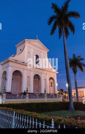 TRINIDAD, CUBA - FEB 8, 2016: Night view of Iglesia Parroquial de la Santisima Trinidad church in Trinidad, Cuba. Stock Photo