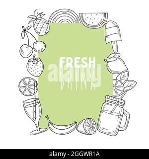 Hand drawn summer green postcard - Fresh drinks. Doodle elements - fruits and lemonade on white Stock Vector