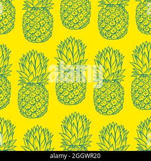 seamless background of blue sketch pineapples on yellow background. hand-drawn illustration Stock Vector