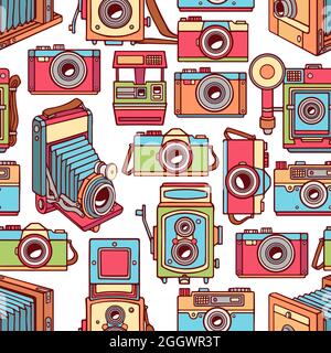 seamless with different vintage colorful cameras. hand-drawn illustration Stock Vector