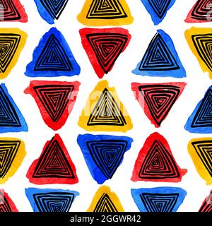 Abstract seamless pattern of colored watercolor and black spiral triangles. hand-drawn illustration Stock Vector