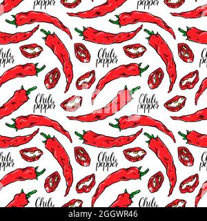 cute seamless background of different chili peppers. hand-drawn illustration Stock Vector