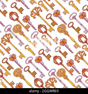 Beautiful seamless background of orange vintage keys on a blue background. hand-drawn illustration Stock Vector