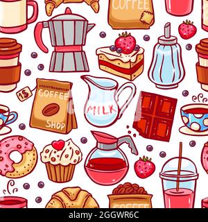 seamless background of coffee and desserts icons. hand-drawn illustration Stock Vector