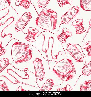 Seamless background with different spools of thread and needles. hand-drawn illustration Stock Vector
