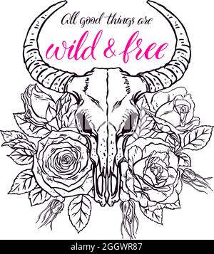 Wild and free. Vintage animal skull with horns and pink roses. Hand-drawn illustration Stock Vector