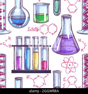seamless background with chemical equipment and formulas. hand-drawn illustration Stock Vector