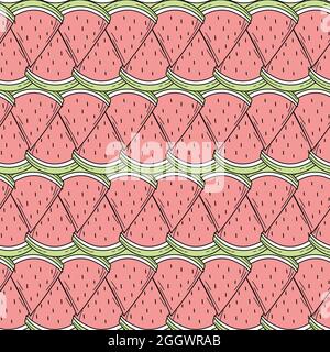 Seamless pattern of color hand drawn watermelons for design. Endless pattern on pink background for print, textile, packaging, menu Stock Vector