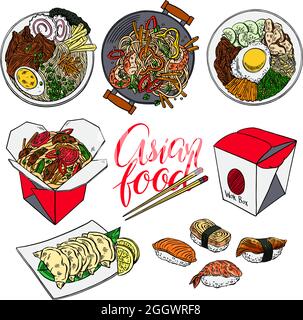 set of sketch colorful Asian food. bibimbap, gedza, ramen and sushi. hand-drawn illustration Stock Vector