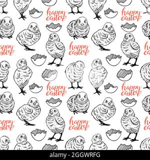 Easter chicks. Seamless background of cute sketch chicks. hand-drawn illustration Stock Vector