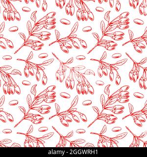 Cute seamless background with ripe goji berries and leaves. hand-drawn illustration Stock Vector