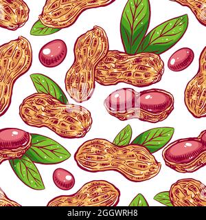 nuts. seamless background with peanut beans and leaves. hand-drawn illustration Stock Vector