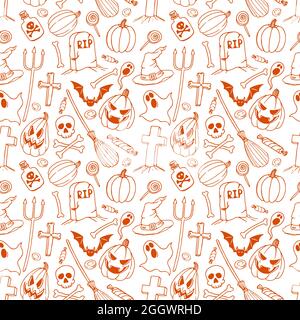 seamless background of holiday halloween symbols. hand-drawn illustration Stock Vector
