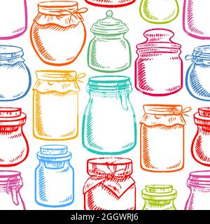 seamless hand-drawn mason jars with colorful contents - 2 Stock Vector