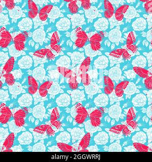 beautiful seamless pattern of roses and colorful butterflies. Hand-drawn illustration Stock Vector