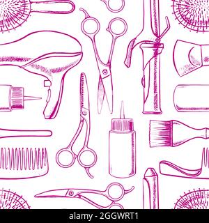 seamless background with sketch hairdressing equipment. hand-drawn illustration Stock Vector