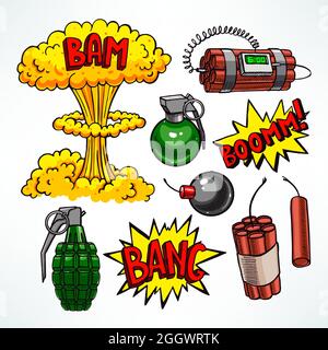 cute set of various explosive devices. hand-drawn illustration Stock Vector