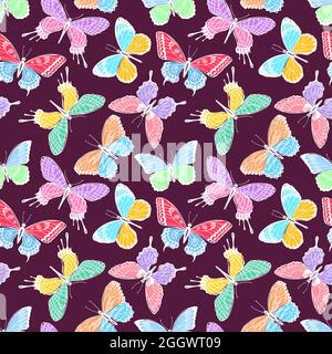 Beautiful seamless background of multicolored butterflies on a dark background. Hand-drawn illustration Stock Vector