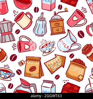 cute seamless background of coffee icons. hand-drawn illustration Stock Vector