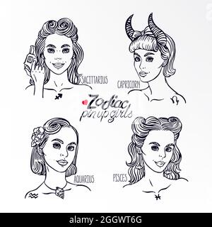 set of four zodiac signs as a girls in the pin-up style. Hand-drawn illustration Stock Vector