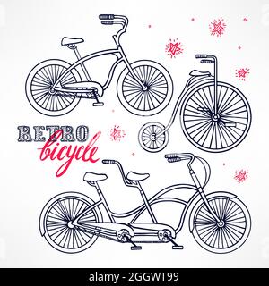 Set with three sketch vintage bikes. hand-drawn illustration Stock Vector