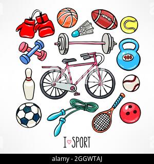 set with sport equipment. hand-drawn illustration Stock Vector