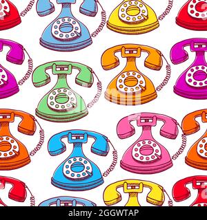 cute seamless background of colored vintage phones. hand-drawn illustration Stock Vector