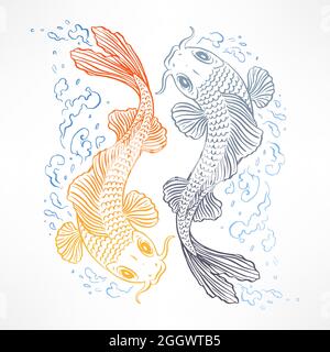beautiful card with orange and gray Japanese carps. hand-drawn illustration Stock Vector