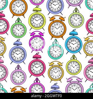 cute seamless background of varicoloured vintage clock. hand-drawn illustration Stock Vector