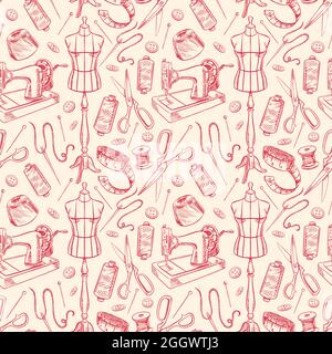 seamless background with sketch tailoring equipment. mannequin, sewing, sewing machine. hand-drawn illustration - 2 Stock Vector