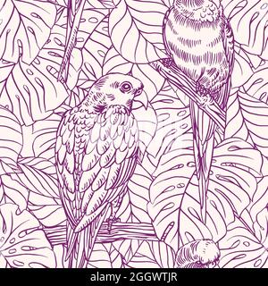 Beautiful seamless background with purple parrots and palm leaves Stock Vector