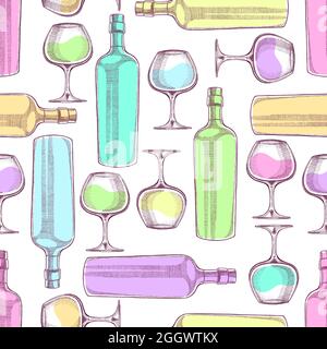 Beautiful seamless background of wine bottles and glasses. Hand-drawn illustration Stock Vector