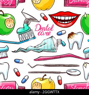 Dentistry. seamless background of dental tools. hand-drawn illustration Stock Vector