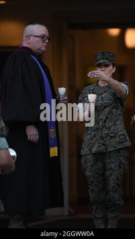 U.S. Marine Corps Sgt. Maj. Jacqueline Townsel calls out the names of the 13 fallen service members during the vigil at the United States Marine Memorial Chapel in Quantico, Va., Sept. 2, 2021. The vigil was held to in memory of the U.S. service members that were lost in the attack at Hamid Karzai International Airport in Kabul, Afghanistan, on Aug. 26, 2021. (U.S. Marine Corps photo by LCpl. Joseph Cooper)