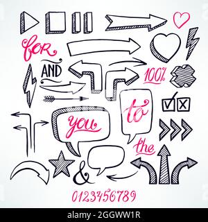 vector set of hand-drawn arrows and bubbles icons on white background Stock Vector
